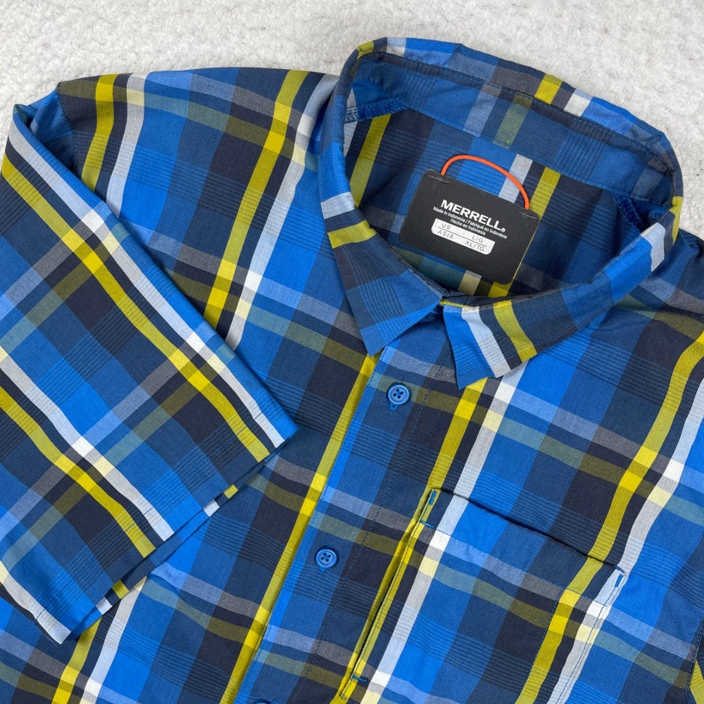 Merrell‎ Plaid Button Down Mens Large Blue Yellow Short Sleeve Ventilated Hiking